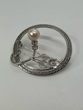 Vtg Sterling Silver Pearl Rhinestone Floral Filigree Circle Brooch Pin